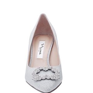 NEYA TRUE SILVER TEXTURED METALLIC MID-HEEL PUMPS WITH JEWELLED BUCKLE